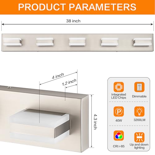 Image of SOLFART 5 Light Bathroom Vanity Light Brushed Nickel Bathroom Vanity Light Fixtures Over Mirror Led Lights for Restroom Nickel ETL Listed