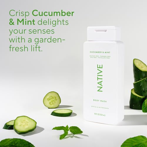 Image of Native Clean Body Wash, Gentle & pH-balanced for Sensitive Skin, 24-Hr Freshness for Women & Men, Vegan & Cruelty-Free, Free of Sulfates, Parabens & Phthalates, Cucumber & Mint, 18 fl oz