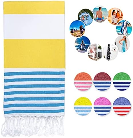 FATSLON Turkish Beach Towel (39"x71") Turkish Cotton-Prewashed-Sand Free-Super Soft-Oversized-Absorbent and Quick Dry For Beach-Pool-Bathroom-Spa-Travel- Camping-Picnic-Fitness-Yoga (Yellow/Turquoise)
