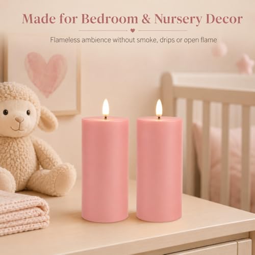 Image of ANGELLOONG Pink Flameless Pillar Candles 6x3 Set of 2 with Timer, LED Battery Candles for Bedroom Decor, Decorative Candles for Nursery and Pink Room Decor