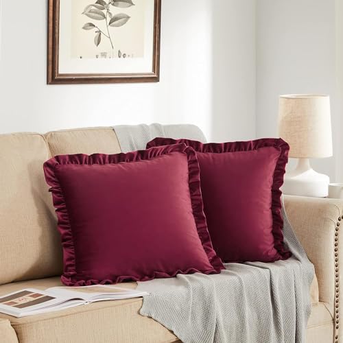 Image of Velvet Wine 24x24 Pillow Covers, Set of 2 Decorative Ruffle Cushoin Pillow Covers for Sofa Couch