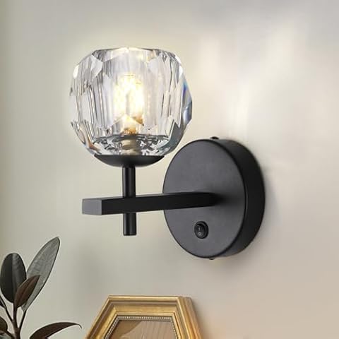 Loyled Black Crystal Wall Sconces - Modern Wall Lamps with K9 Crystal, Luxury Vanity Wall Light Fixtures Lamparas De Pared, Wall Mount Lamps for Living Room, Bathroom, Hallway, Bedroom, Mirror Sides Cover