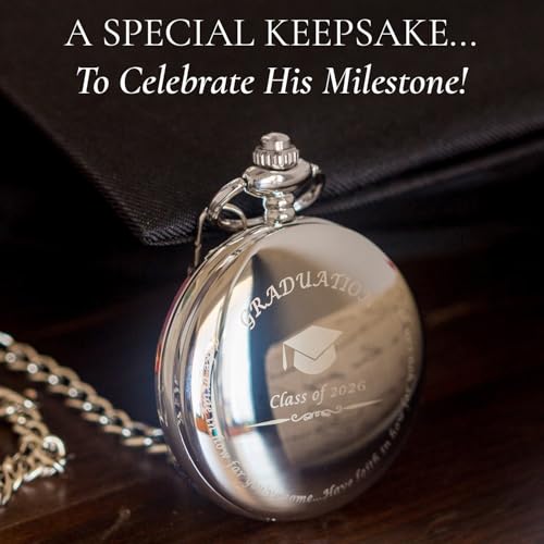 Image of FJ FREDERICK JAMES College Graduation Gift for Him 2026 - Silver Pocket Watch - Engraved 'Class of 2026' - Meaningful High School Grad Gifts for Boys /Son