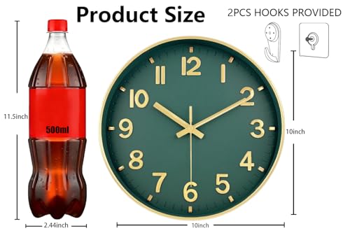 Image of Modern Wall Clock, 10 Inch Digital Wall Clocks Battery Operated, Round Non Ticking Silent Analog Clock for Bedroom Living Room Kitchen Office Gym Classroom Decor, Gold Green Battery Clock