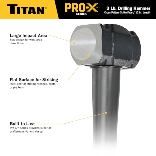Image of Titan Pro-X 63013 3lb Drilling Hammer, Dual-Face Sledge with Cross-Pattern Face for Concentrated Power & Flat Face for Stake Driving, Overstrike Protection, 12 inch Fiberglass Handle with Textured Grip