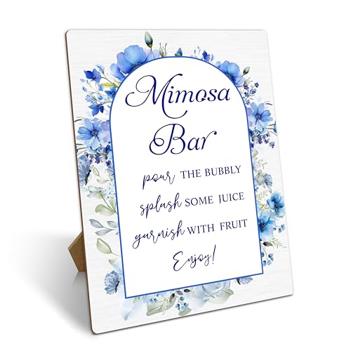 Mimosa Bar Sign With Stand, Blue Floral Mimosa Bar Supplies Decorations, Brunch Dessert Table Decor Sign, Bubbly Bar Sign For Wedding Engagement Birthday Christmas Party, 07
