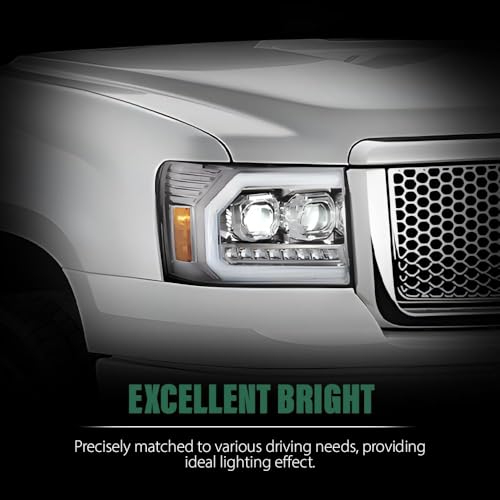 Image of GRAND ORANGE LED DRL Headlights Assembly Compatible with GMC Sierra 1500 2007-2013, Fit Sierra 2500HD 3500HD 07-14 22853030, 20980241, 20980242 Headlamps Clear Lens Chrome Housing Amber reflector