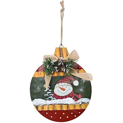 Metal Hanging Christmas Sign Snowman Santa Ornaments for Christmas Tree - Rustic Plaque Wall Art Round Door Decoration Indoor Outdoor Home Decor for Xmas Winter Holiday (Small) Cover