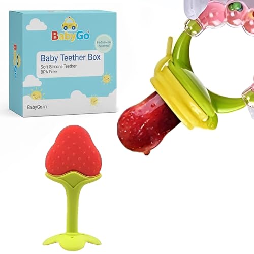 Image of BabyGo Silicone Fruit Food Nibbler & Infant Teether Set | BPA-Free Pacifier Feeder with Soft Nipple Gum Soother, Baby Chew Toy for Teething Relief & Oral Development (Pack of 2, Multicolor)