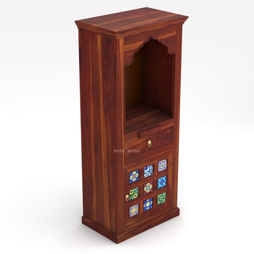 Image of Solid Wood Premium Sheesham Wood Temple for Home Big Size 5 Feet with Door Storage Cabinet Wooden Mandir for Pooja Room Honey Finish