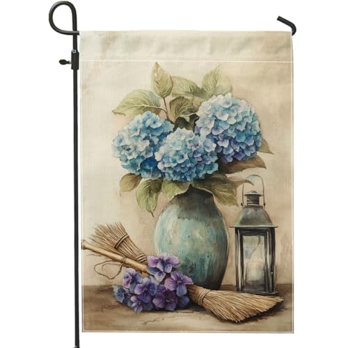 Bandiera da giardino ortensia blu primavera estate elegante bandiere floreali per la decorazione della casa bandiera in tela doppia faccia per la decorazione del prato all'aperto 12x18