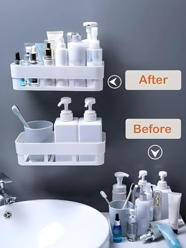 Image of KASHIVAL Bathroom Shelf Wall Mount | No Drill ABS Plastic Storage Rack with Hooks | Multipurpose Wall Organizer for Bathroom & Kitchen | Shampoo Holder | Pack of 2