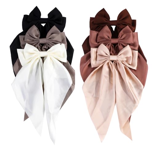 Silky Satin Hair Bows for Women Big Ribbon Bow Hair Clips for Girls Oversized Long Tail Hair Barrettes Cute Hair Accessories (Brown color 6pcs)