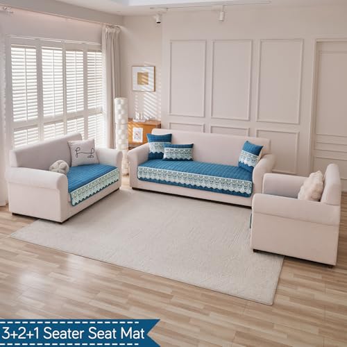 Image of HOKIPO 'BelleLace Series' 6 Seater Sofa Cover Mat in 3+2+1 Configuration | Imperial Milk Velvet with Lace Design | Celadon Blue (AR-5966+5964+5962-BL)