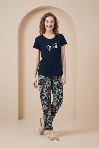 Image of Women's Pure Cotton Printed Night Suit | Sweet Graphic Top & Elephant Print Pyjama Set | Soft Round Neck Sleepwear
