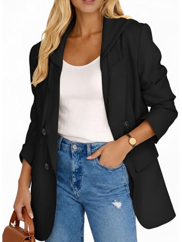 Mina Self Black Blazer Jacket for Women Double Breasted Hoodies Long Jackets Blazers for Business Casual Fashion Dressy Hooed Tops Coat Spring Fall Outfits Clothes for 2023 HS-0S
