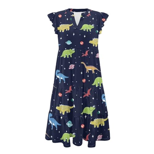 Image of Womens Summer Dress Ruffle Sleeve V Neck Dress Casual Fit Flowy Beach Vacation Sundress with Pocket S-2XL