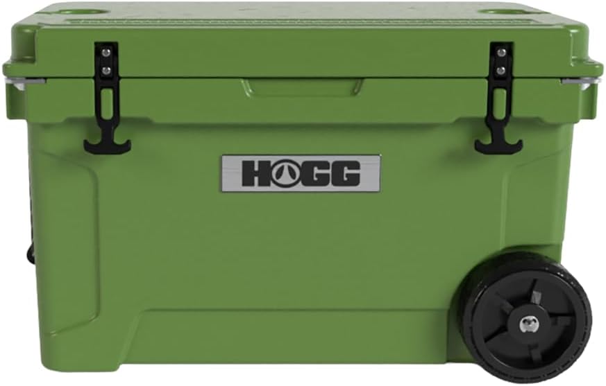 Ice Cooler with Wheels and Handle, Wheeled Cooler, Insulated Ice Chest with Wheels and Handle for Fishing and Camping with Dry Storage, Bottle Openers, and Cupholders