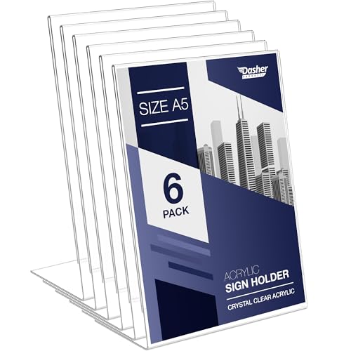 Slant Back Acrylic Sign Holder A5, 6 Pack, Portrait Ad Frames, Clear Picture Frame for Signs, Brochure, Flyer, Menu, Paper, Poster, Display. Slanted Plastic Message Board Stand for Home, Office, Store