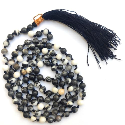 Image of Apnisanskriti Premium Zebra Jasper Stone Mala for Men and Women (6mm, AAA Quality, Lab Certified, 108+1) - Natural Stone Beads Mala - Black & White Bands Colour - Pack of 1