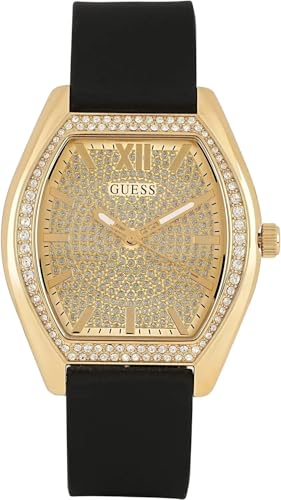 Image of Guess Women's 39.5mm Watch - Black Silicone Strap Gold Dial Gold Tone Case