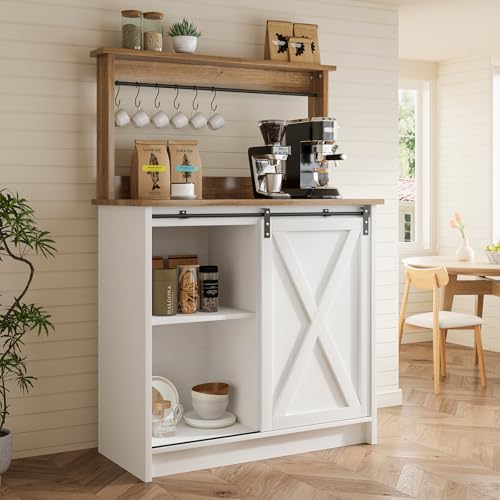 Farmhouse Coffee Bar Cabinet with Hutch and Hooks