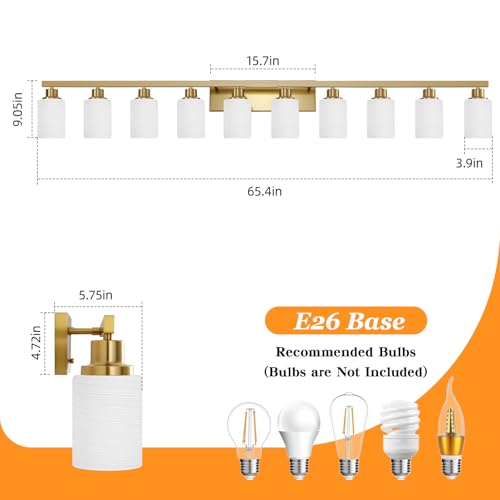 Image of Gold Vanity Light 10-Light Brushed Gold Bathroom Light Fixture 64in | White Frosted Ribbed Glass Shade Bathroom Lights over Mirror Modern Wall Lamp Sconces for Mirror Bedroom Hallway E26 Base