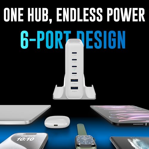 Image of URBN 200W GaN Power Hub | 6-Port Desktop Charger (4 USB-C + 2 USB-A) | QC, PD & PPS Compatible | Super Fast Charging 2.0 | 12-Layer Protection | 1.5M Power Cord for Laptop, iPhone, Samsung, MacBook