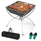 GOPLUS 3 en 1 Foyer à Bois Pliable Extérieur, Basero Barbecue de Camping Pliable pour Cuisine Grilles en Acier Inoxydable 304 Pieds en Aluminium, Sac, Gants Inclus, 45 x 45 x 49 cm