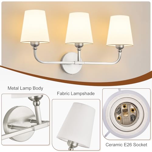 Image of Bathroom Vanity Light Brushed Nickel Bathroom Lighting Fixtures Over Mirror | 3-Light Bathroom Light Fixtures with Flared White Fabric Shade, E26 Socket (ETL Listed)