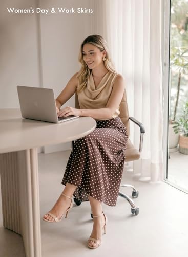 BLENCOT Mesh Maxi Skirt for Women Elastic High Waisted A-Line Polka Dot Long Flowy Skirts for Office Work Beach Casual Brown 2XL — view 2