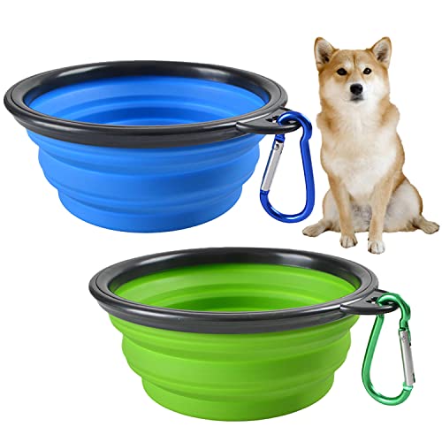 【折り畳み式】 ペットボウル 折り畳み 350ml 2個セット 折りたたみ 皿 食器 コンパクト 携帯 ドッグラン 犬 猫 シリコン 【coco plazaオリジナルパッケージ】 (ブルー＆グリーン)