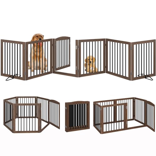 Folding-Pet-Gate-144-Wide-30-Tall-No-Assembly-Wooden-Dog-Gate-with-Door-Walk-Through-Freestanding-Pet-Gate-Puppy-Safety-Fence-with-2PCS-Support-Brown