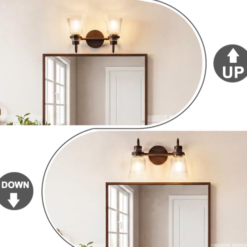 Image of 2-Light Bathroom Vanity Light, 13.8 Inch Farmhouse Bathroom Light Fixtures with Clear Striped Glass Shade, Oil Rubbed Bronze Wall Sconce Lighting Over Mirror for Bedroom Hallway Cabinet