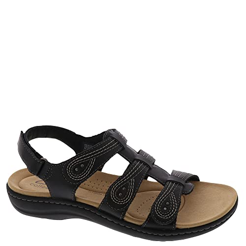 Clarks Women's Laurieann Vine Flat Sandal, Black Leather, 8 Wide