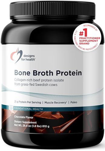 Designs for Health Bone Broth Protein Powder – 21g Grass-Fed, Collagen-Rich Beef Protein Isolate - Chocolate, Paleo, Non-GMO, Dairy-Free (30 Servings / 810g)