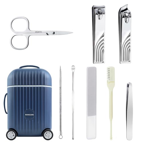 Image of MAYCREATE Set of 8 Nail Clippers Ear Cleaning Kit with Suitcase-inspired Storage Case, Stainless Steel Personal Grooming Kit Manicure Gift Set