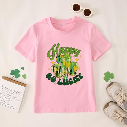 Image of MODNTOGA Kids Girls St Patricks Day Shamrock Graphic T-Shirt Happy Go Lucky Print Shirt Green Clover Short Sleeve Tee Tops (Pink, 9-10 Years)