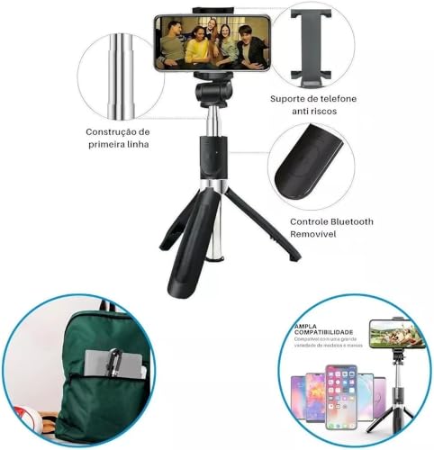 Bastão Pau de Selfie Bluetooth com Tripé e Controle Remoto - Compatível com Android e iOS, Ajustável