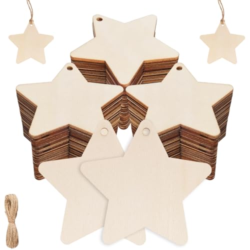 HOLDLEAF 60 Stück Holz Sterne 7cm, 3mm Dick, inkl. Juteschnur –...
