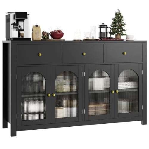 FINETONES Buffet Cabinet with Storage, 55.1' Large Sideboard Buffet Farmhouse Kitchen Cabinet with 3 Drawers and 4 Doors, Wood Coffee Bar for Kitchen, Black