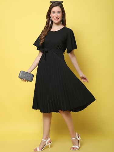 Image of Fabflee Women's Polyester A-Line Standard Length Dress (FB-P1-Pleated-204 M Black M)