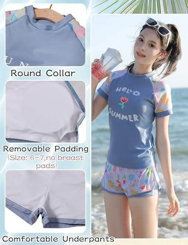 Image of SEAUR Girls Rash Guard Swimsuit Short Sleeve Swim Top and Shorts Kids 2 Piece Bathing Suit Sun Protection Beach Swimwear
