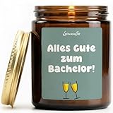 Alles Gute zum Bachelor! - Duftkerze mit Spruch als Geschenk für Abschluss, Bachelor-Absolventin, Bachelor-Absolvent, Lustige Vanille Duftkerzen im Glas