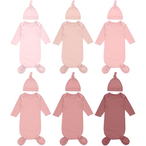 Image of Cuffbow 6 Packs Newborn Baby Knotted Gowns Set 0-6 Months Cotton Sleeper Long Sleeve Nightgown and Hat Set for Infant Baby