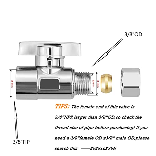 Minimprover 2 Pack Premium Brass Chrome plated 3/8" FIP Female Thread x 3/8 Inch OD Compression Quarter Turn Straight Water Angle Stop Valve Shut Off - Thumbnail 2