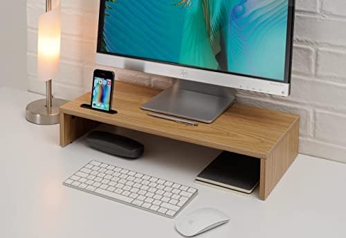 TTAP Oak Wood Monitor Stand/TV Desk Stand/PC Monitor Riser/Desk Organiser with Smart Phone Holder / 54cm L x 24.5cm D x 10.4cm H