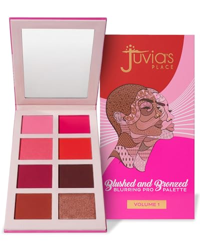 Juvias Place Blushed & Bronzed Blurring Pro Palette Volume 1 8 Shade Blush & Bronzed Palette Matte & Shimmer Finishes Buildable Pigment Soft-Focus Powder Sculpting and Blush Palette w/Mirror