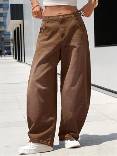 Image of EXLURA Womens Barrel Jeans Wide Leg Y2K Boyfriend Denim Pants Hip Hop Vintage Baggy Jeans Cotton Mid-Low Elastic Waist Pants