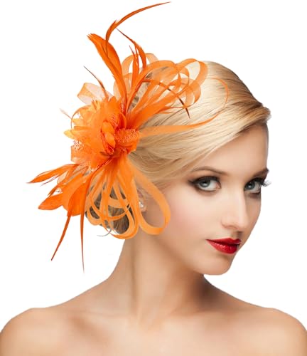 dressfan Fascinator Hat Headpiece Womens Vintage Wedding Mesh Feather Hair Clip 20s 50s Headband Hair Accessories Headwear for Derby/Wedding/Cocktail/Tea Party HA5428-Orange